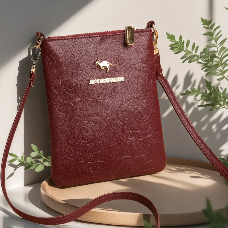 Soft black stone pattern PU women's messenger bag with a file compartment and shoulder strap.