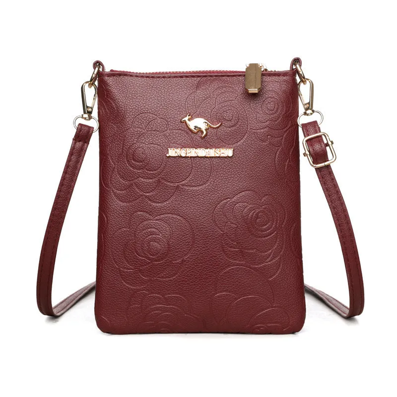 Soft black stone pattern PU women's messenger bag with a file compartment and shoulder strap.