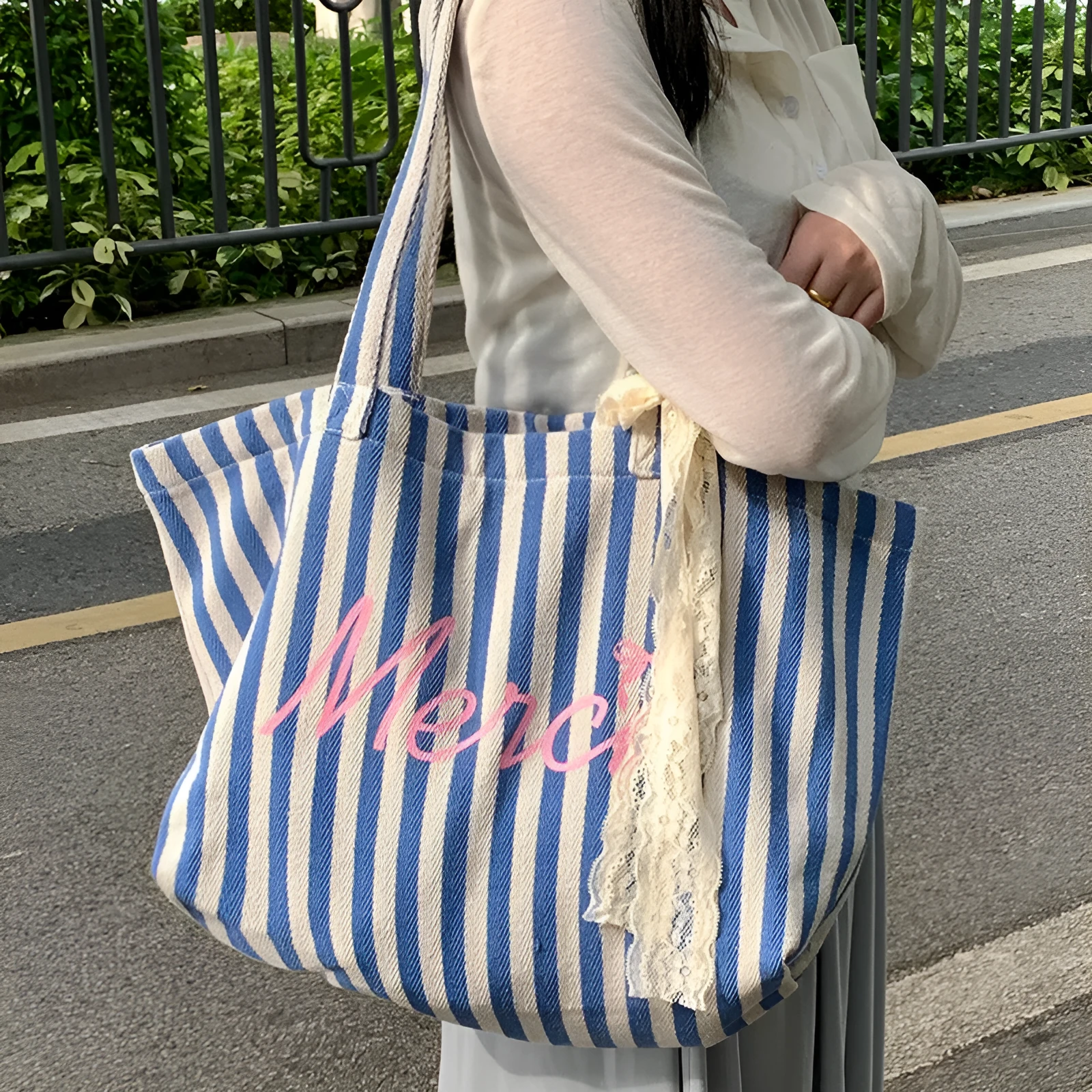 Blue striped letters printed cotton canvas bag with pink blue and white stripes