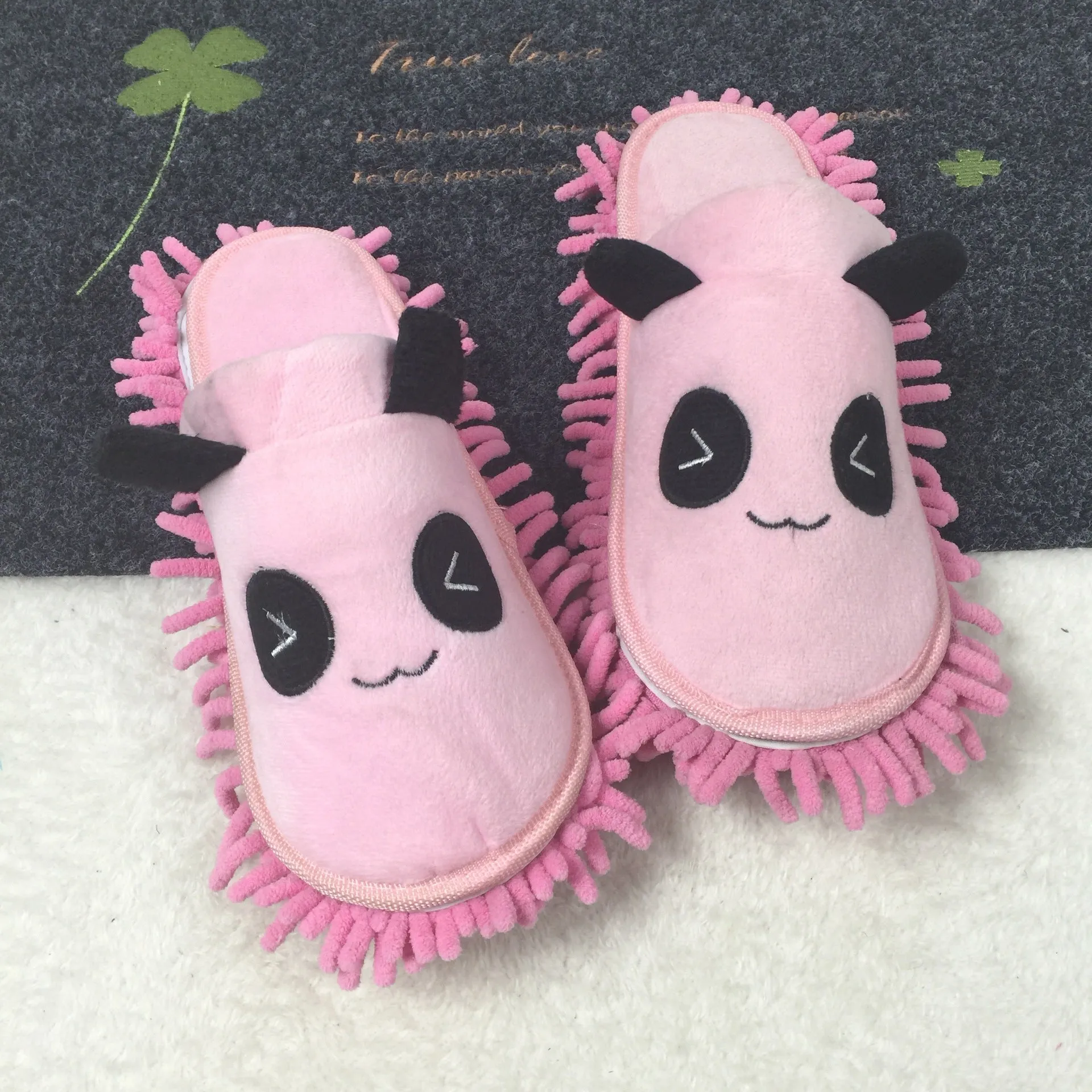 Panda-themed removable slippers in coral fleece with chenille sole