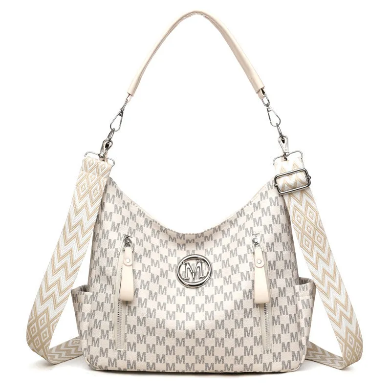 Retro simple printed shoulder messenger bag in milky white colour with double connector strap