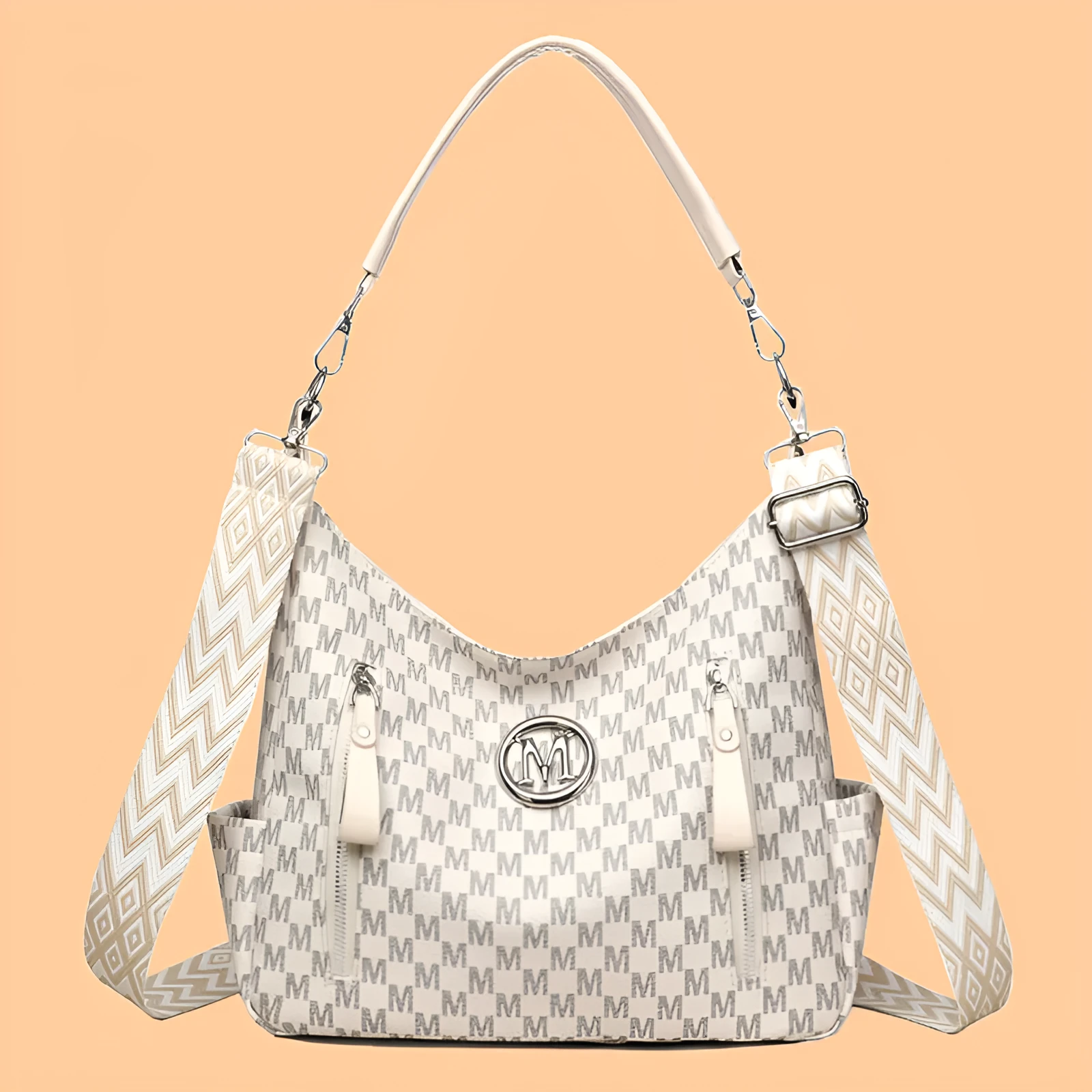 Retro simple printed shoulder messenger bag in milky white colour with double connector strap