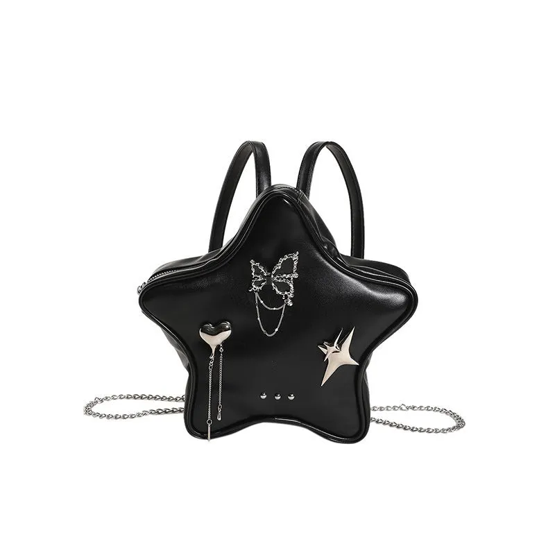 Black soft PU backpack with chain strap, metal butterfly pendant, and three-dimensional pockets.
