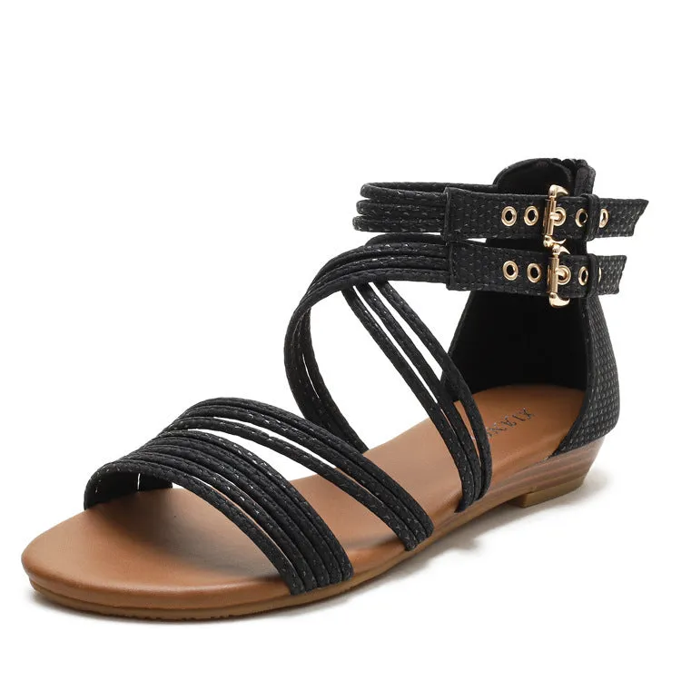 Women's open-toe Roman sandals with cross-strap design and thick rubber sole in light green colour
