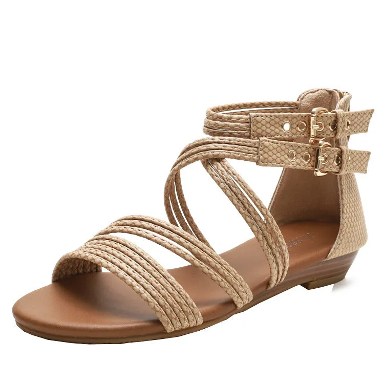 Women's open-toe Roman sandals with cross-strap design and thick rubber sole in light green colour