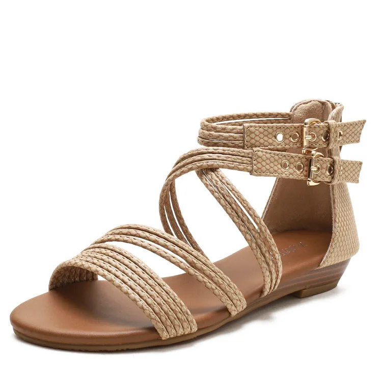 Women's open-toe Roman sandals with cross-strap design and thick rubber sole in light green colour