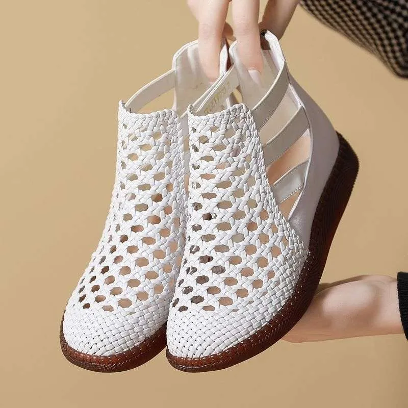 Gold women's sandals with hollow-out design and flat soft soles