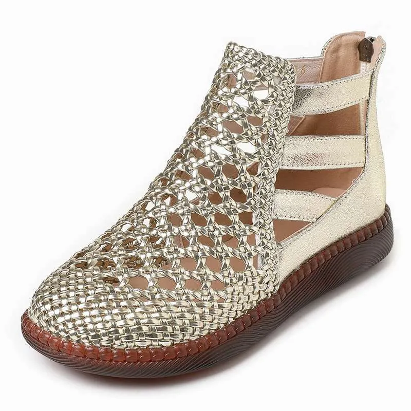 Gold women's sandals with hollow-out design and flat soft soles