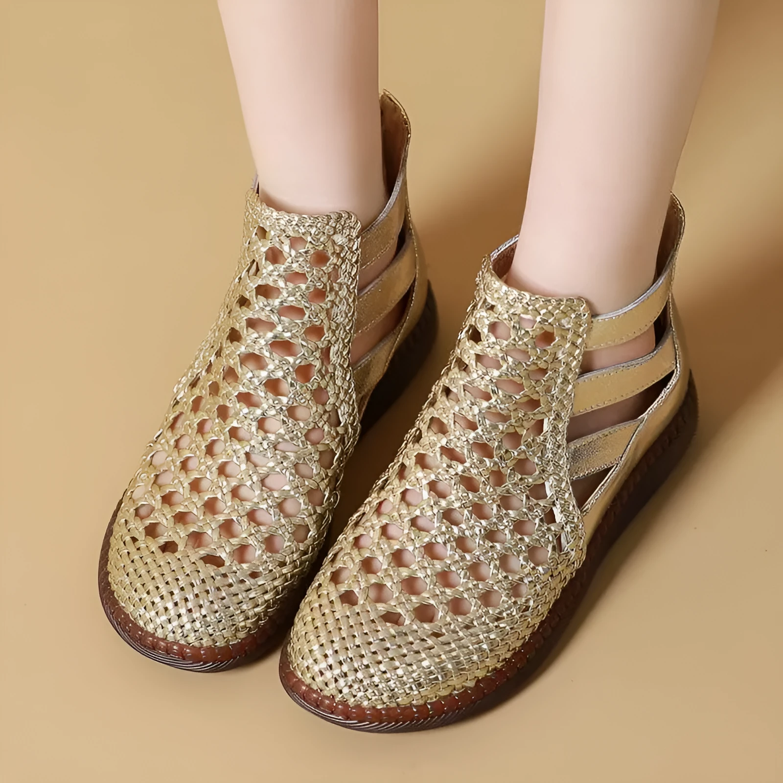 Gold women's sandals with hollow-out design and flat soft soles