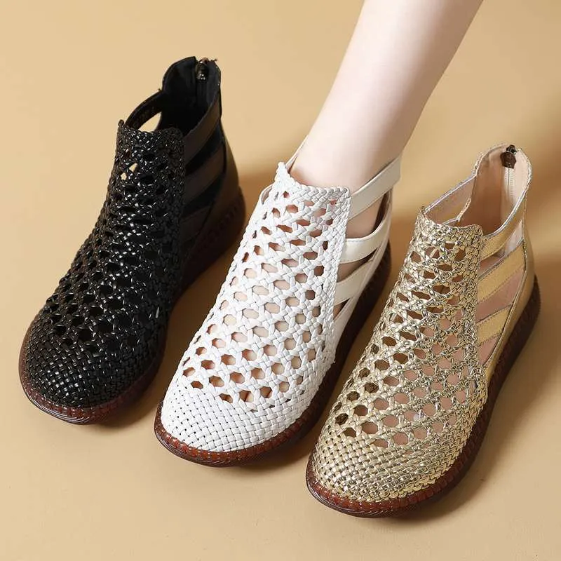 Gold women's sandals with hollow-out design and flat soft soles