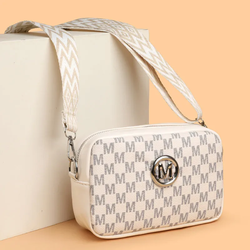 Wide-strap shoulder crossbody bag in PU material with three-dimensional pockets
