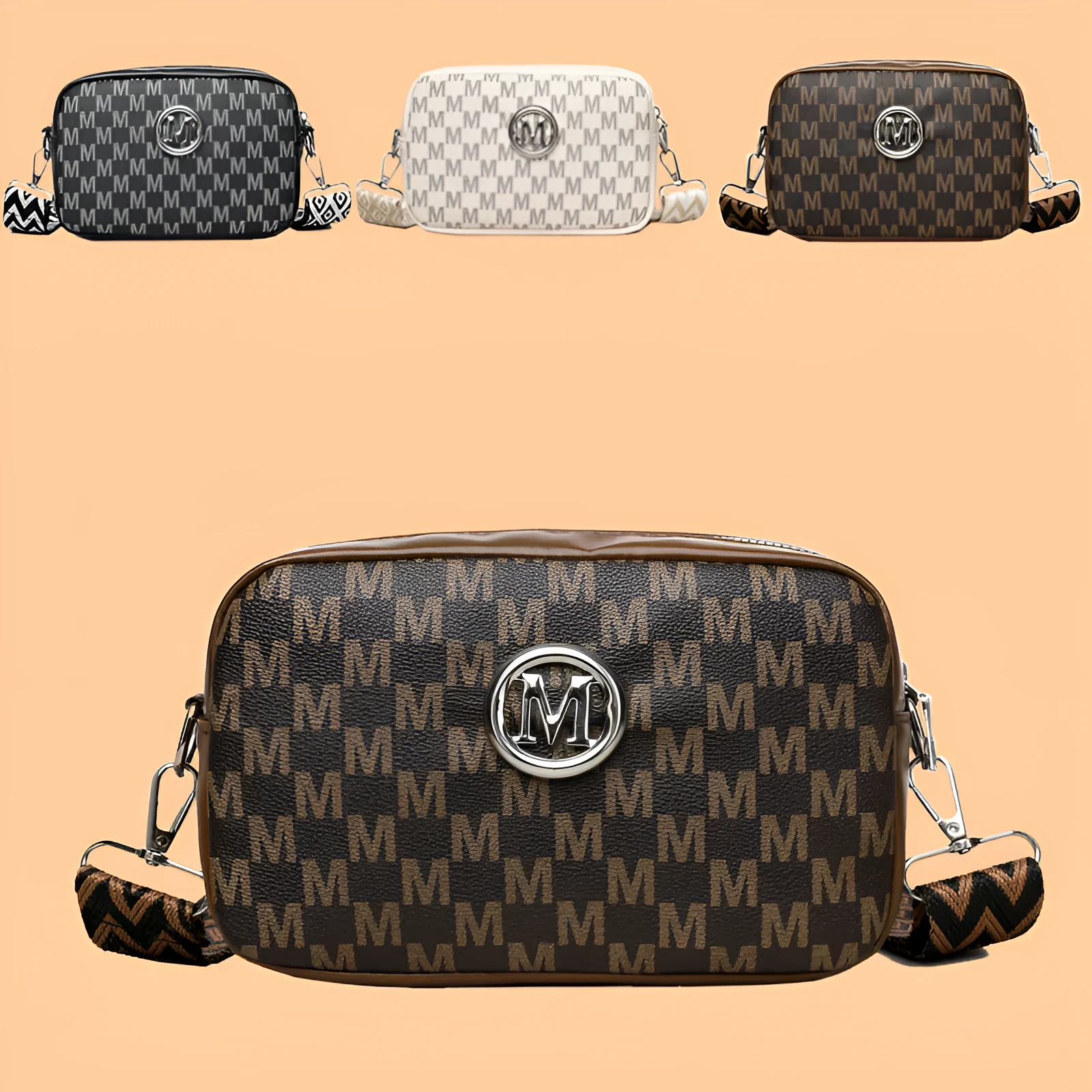 Wide-strap shoulder crossbody bag in PU material with three-dimensional pockets
