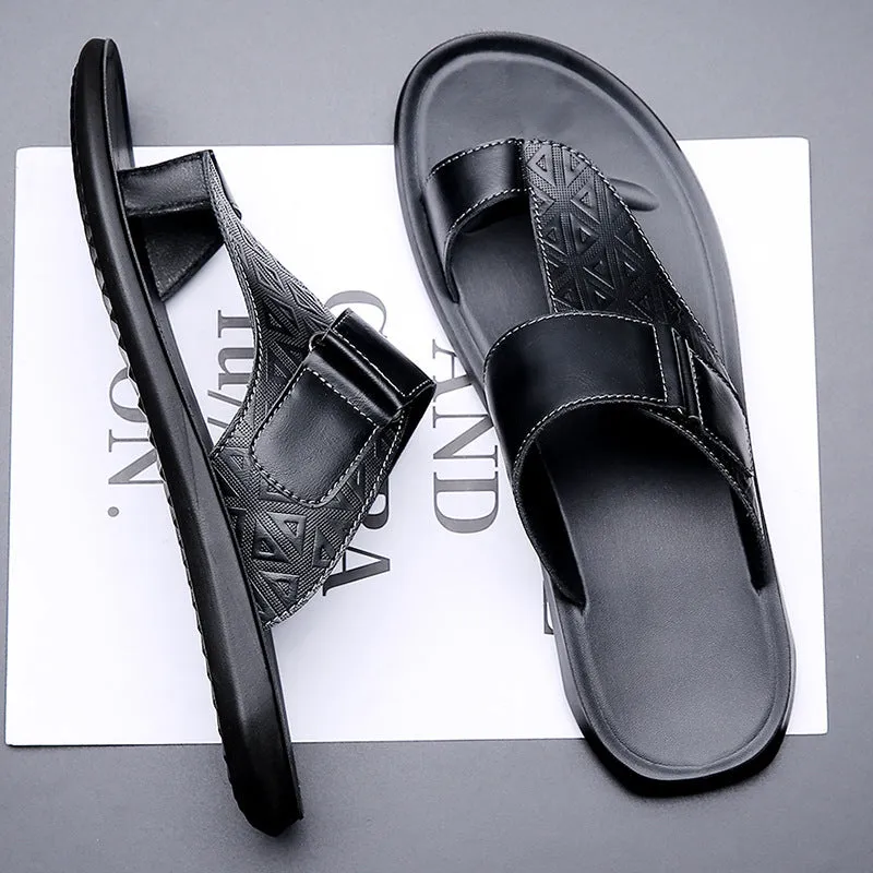 Men's white open-toe cowhide leather slippers with a rubber sole on a casual background