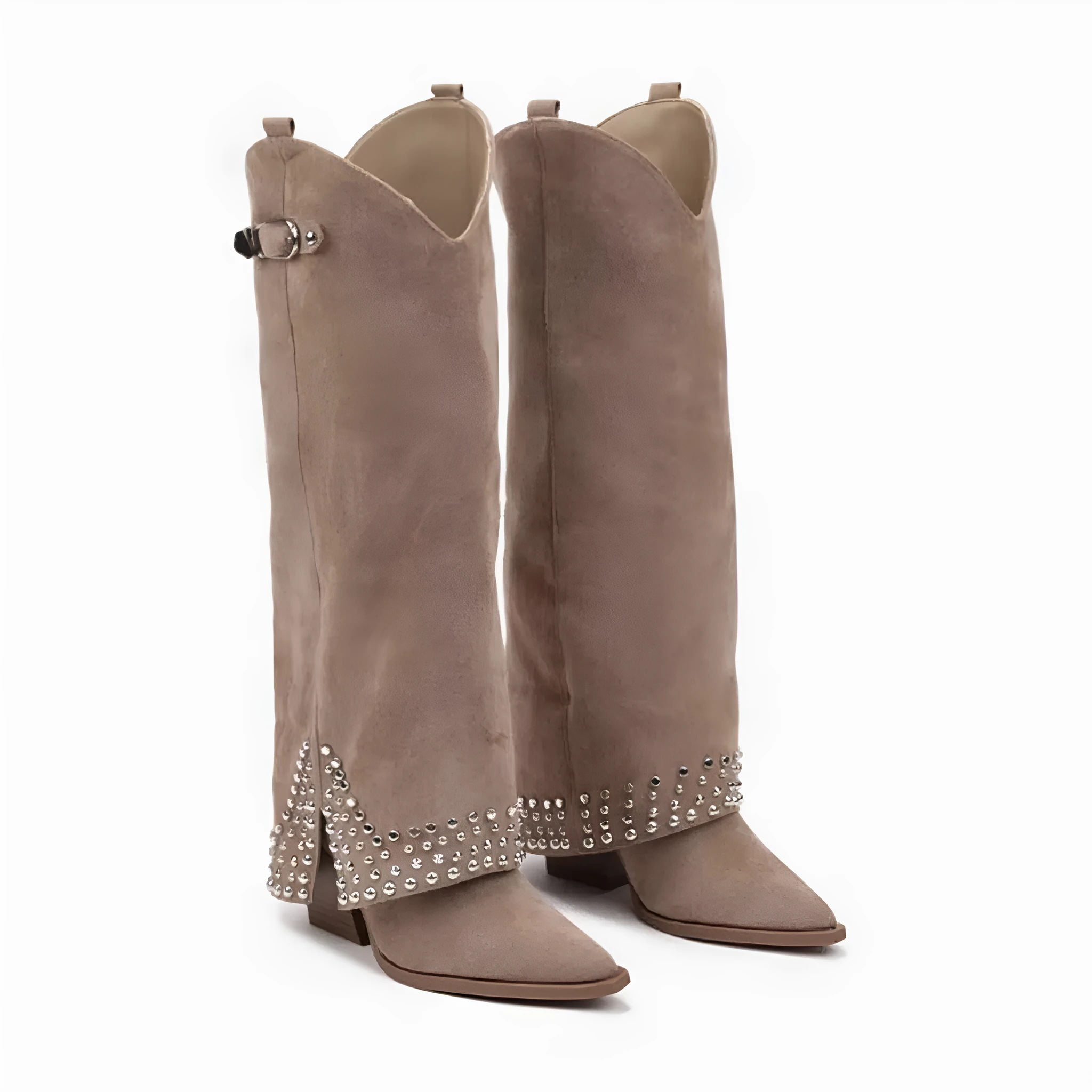Women's black frosted rivet pantyhose boots shown as an oversleeve over a shoe.