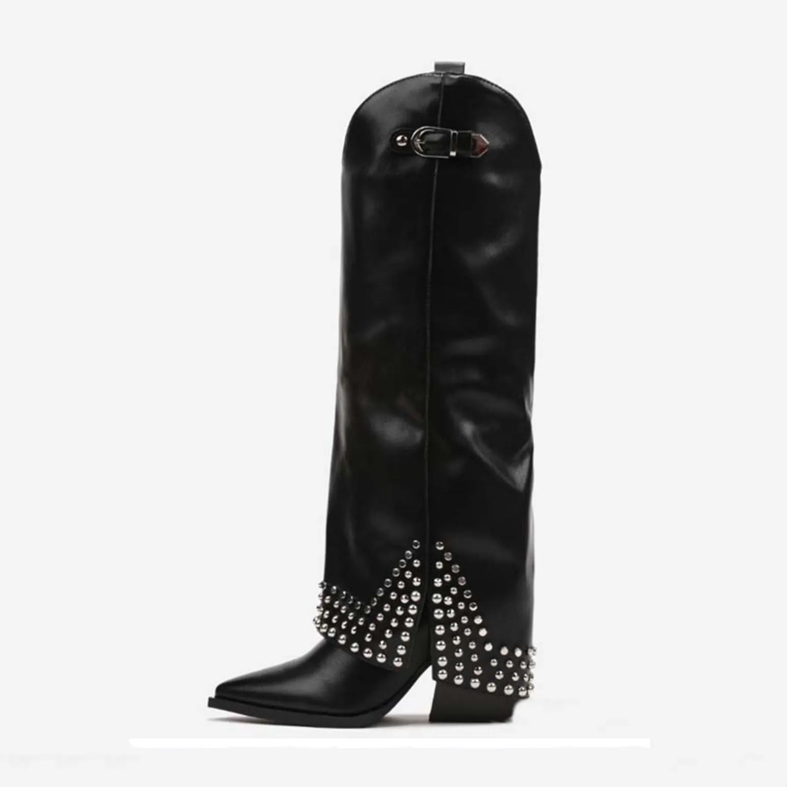 Women's black frosted rivet pantyhose boots shown as an oversleeve over a shoe.