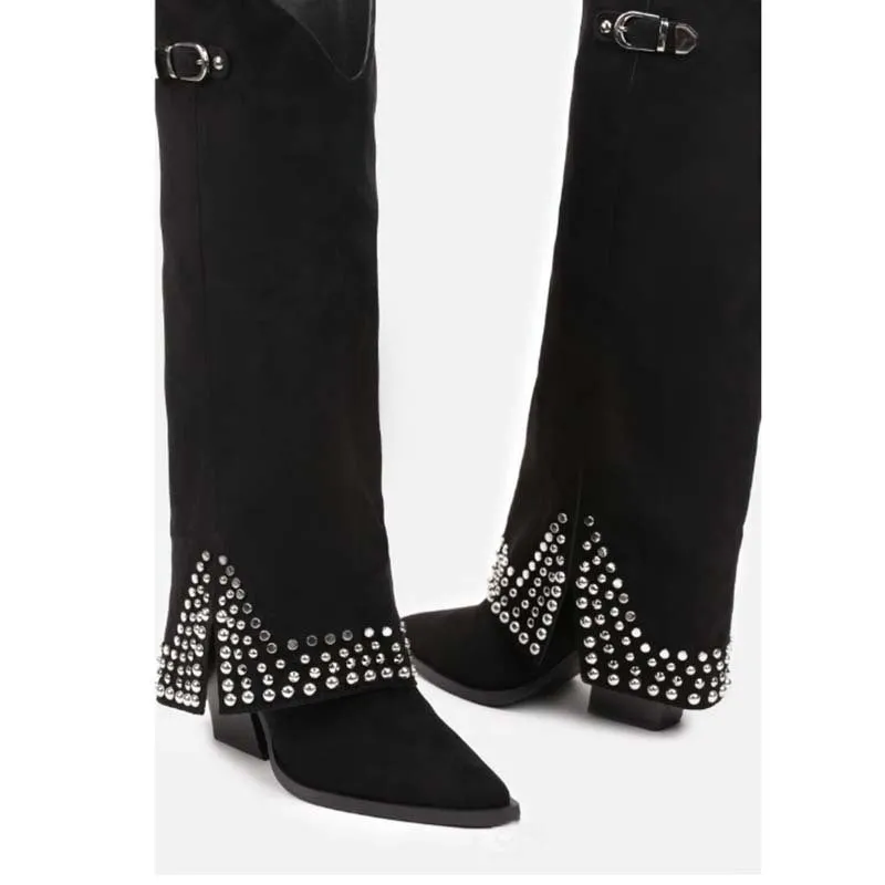 Women's black frosted rivet pantyhose boots shown as an oversleeve over a shoe.