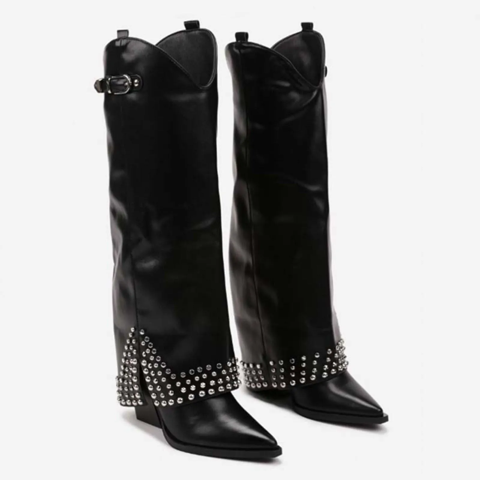 Women's black frosted rivet pantyhose boots shown as an oversleeve over a shoe.
