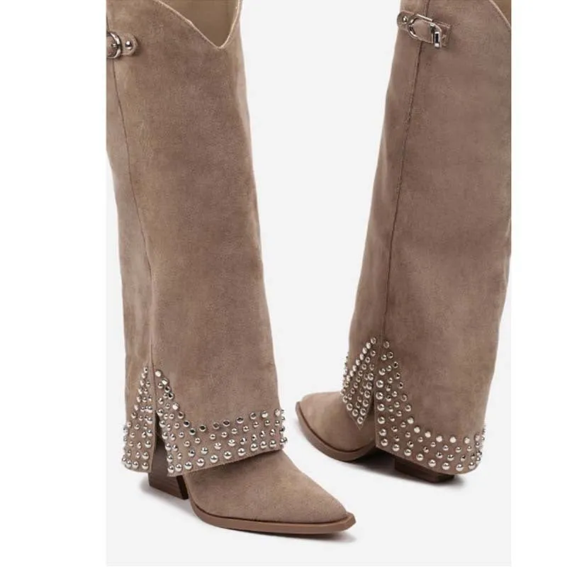 Women's black frosted rivet pantyhose boots shown as an oversleeve over a shoe.