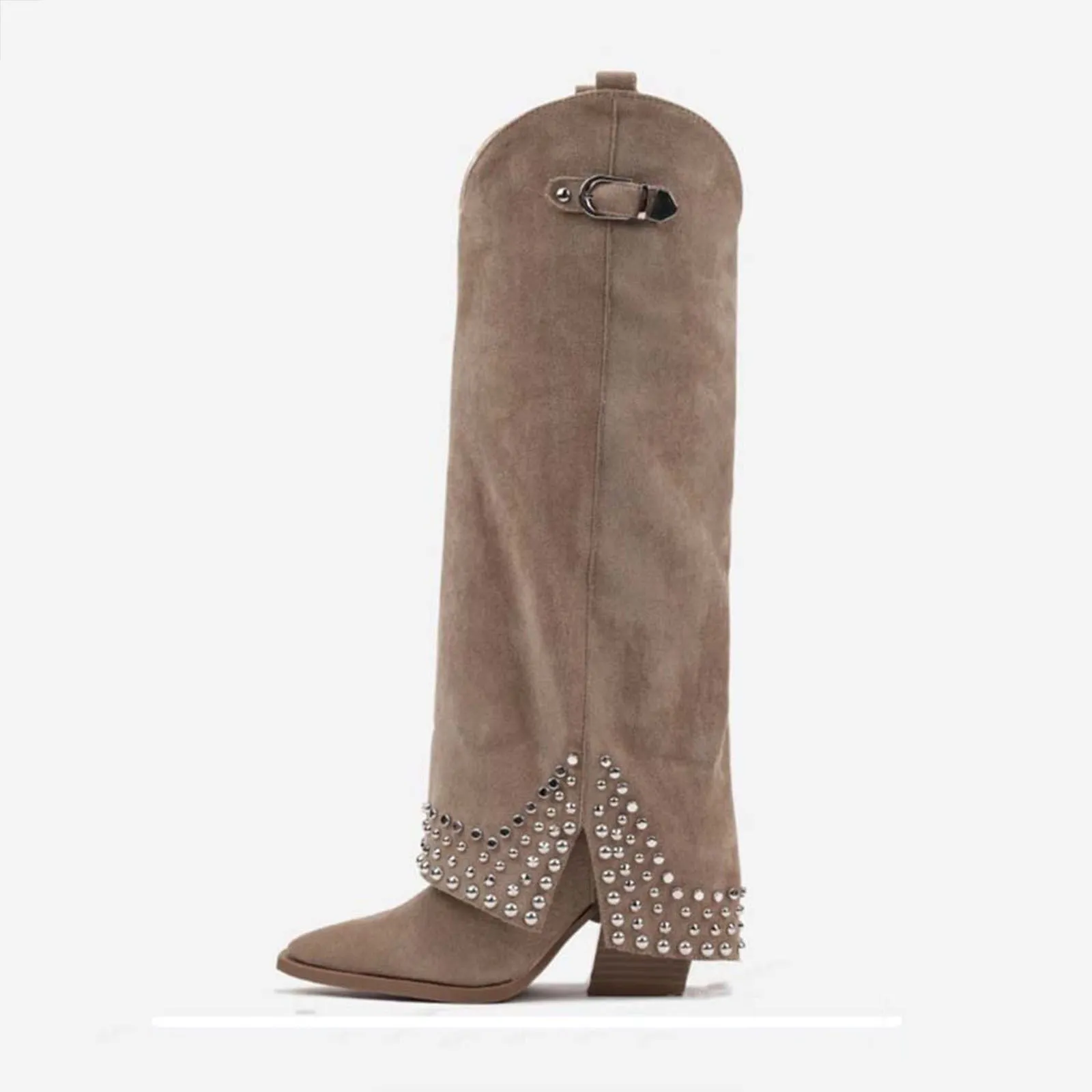 Women's black frosted rivet pantyhose boots shown as an oversleeve over a shoe.