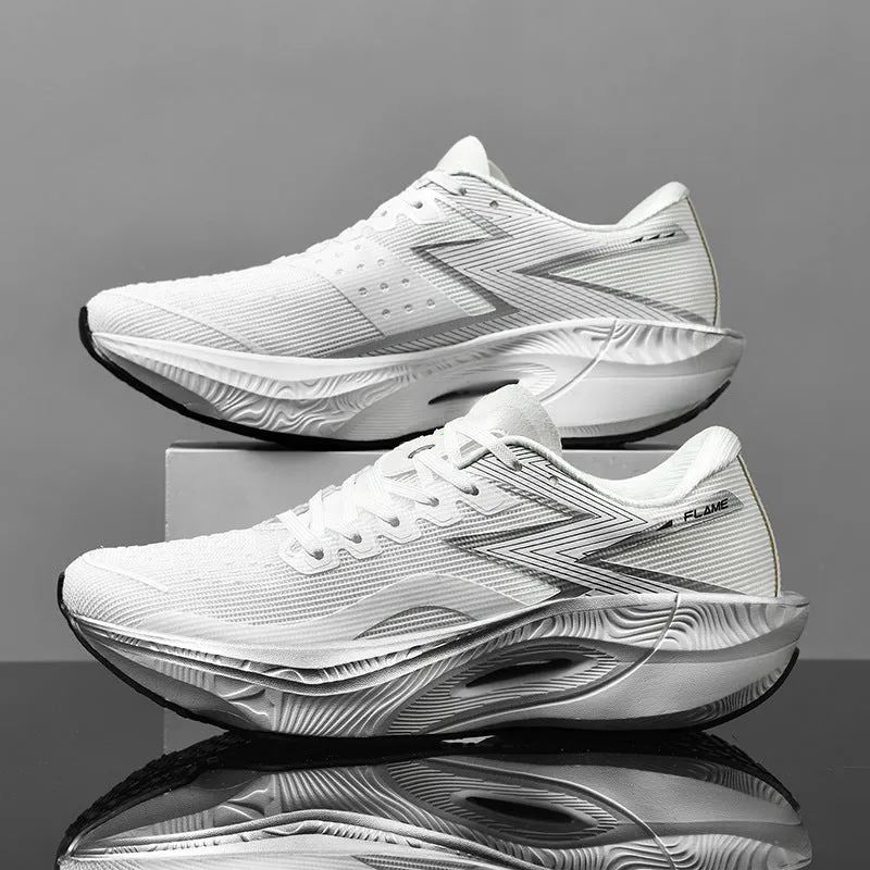 Marathon carbon plate racing running shoes in multiple colours with fabric upper and MD sole