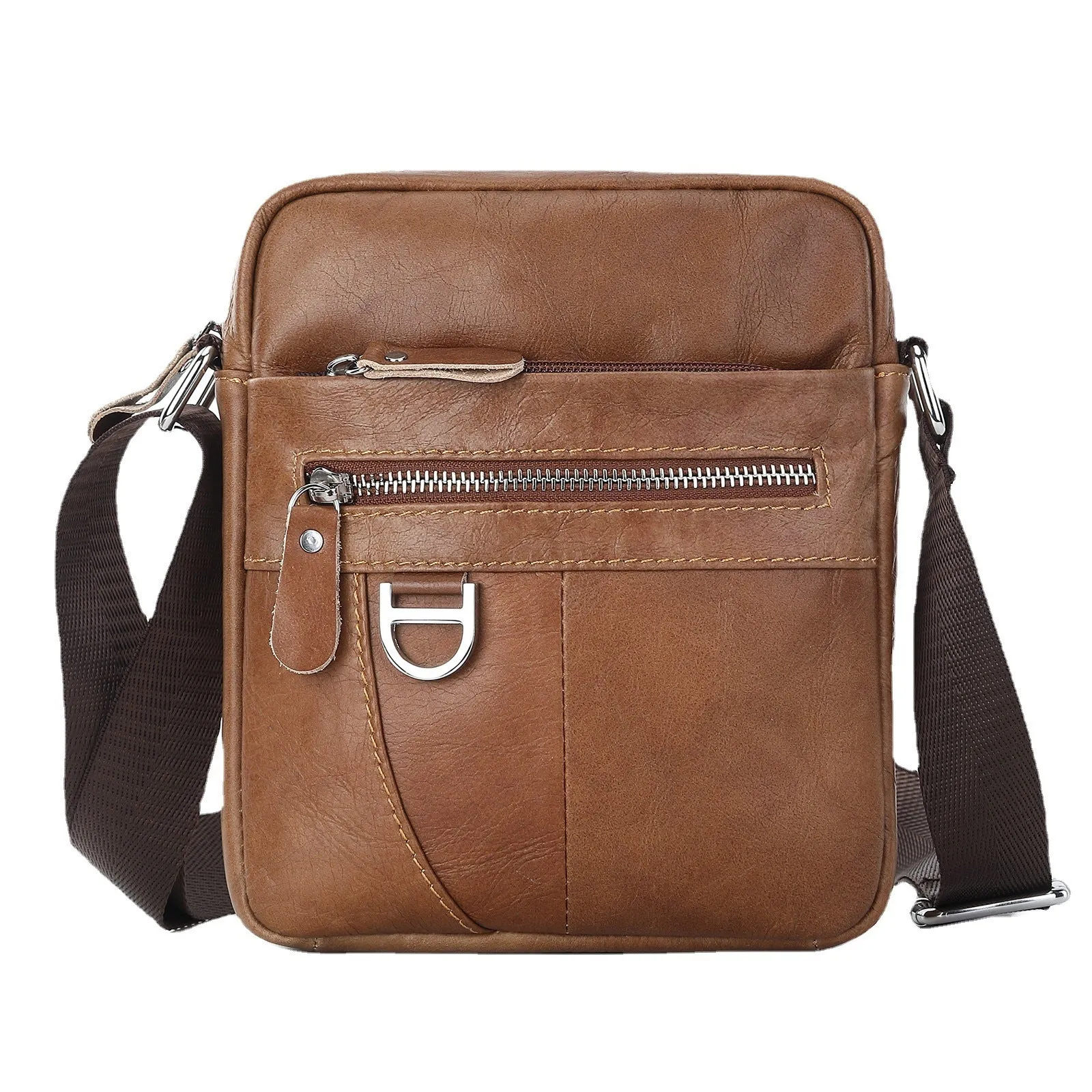 Retro brown leather messenger bag for boys with cross-body strap and sewing line detailing