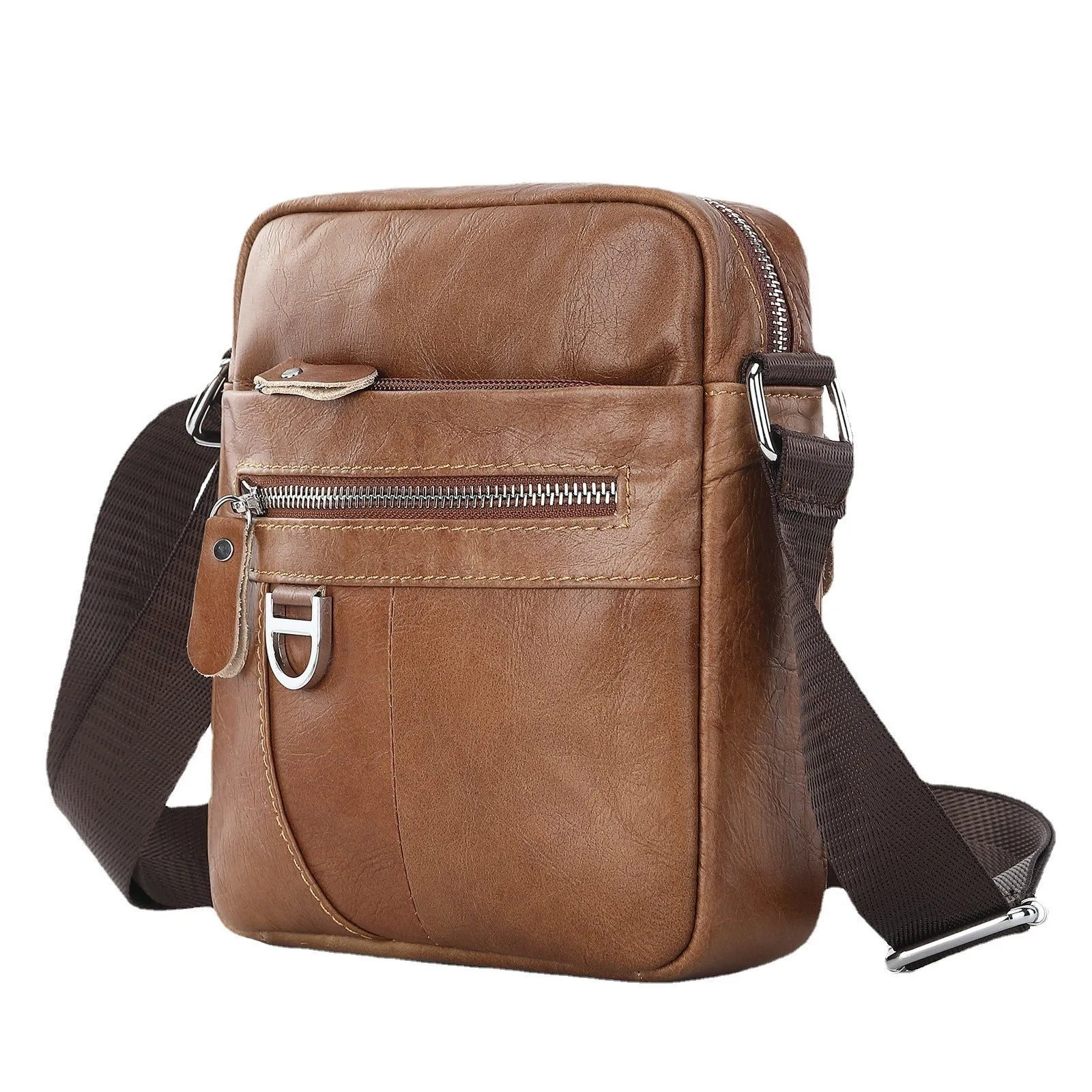 Retro brown leather messenger bag for boys with cross-body strap and sewing line detailing