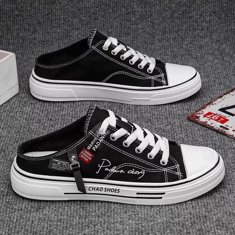 Men's canvas slip-on casual shoes in black or blue with round toe and PVC soles
