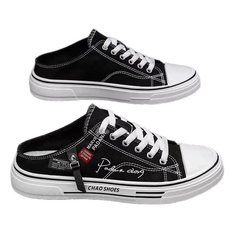 Men's canvas slip-on casual shoes in black or blue with round toe and PVC soles