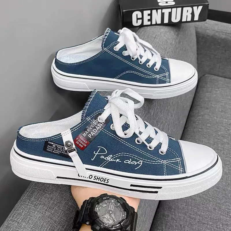 Men's canvas slip-on casual shoes in black or blue with round toe and PVC soles