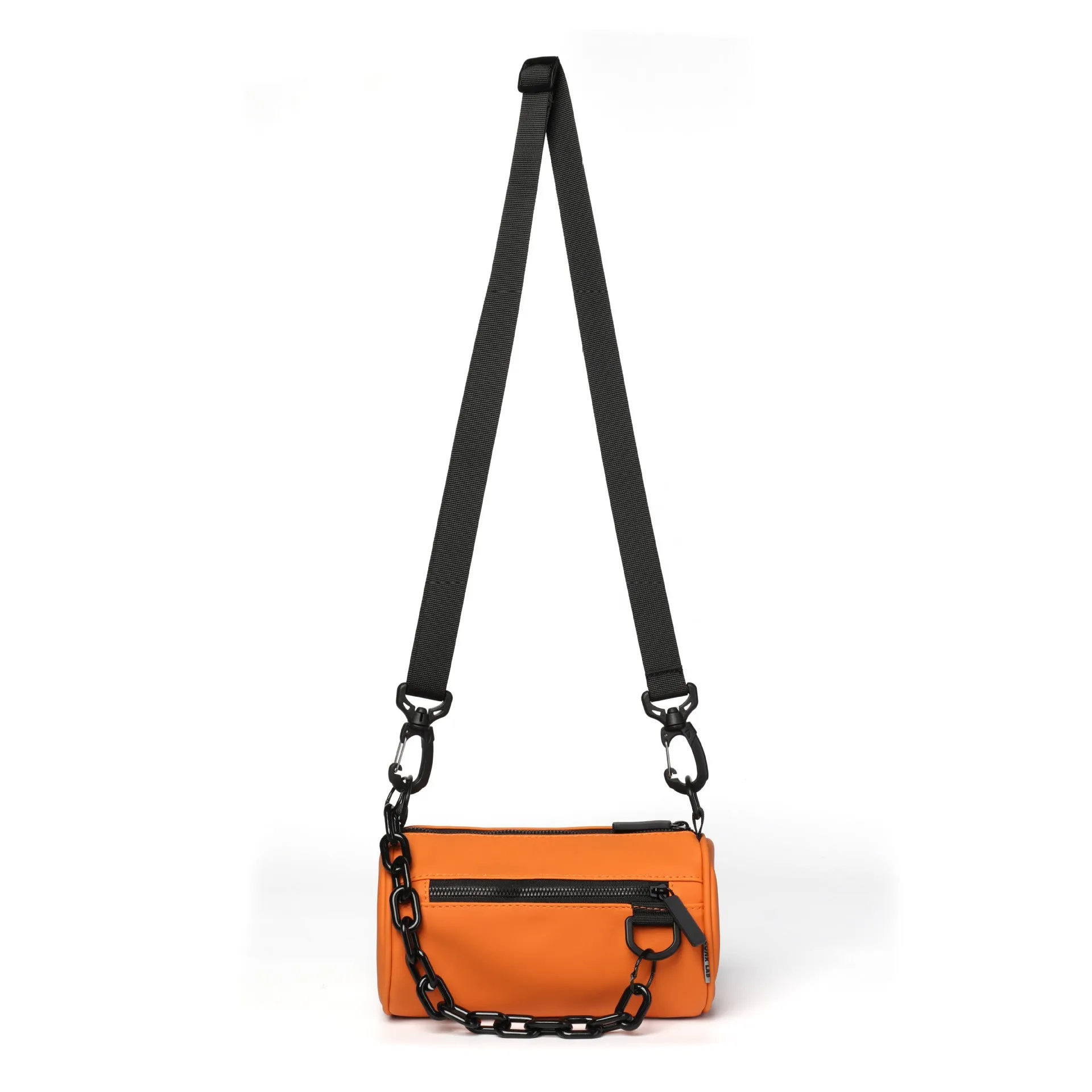 Black waterproof Oxford cloth messenger bag with a chain detail, shown as a crossbody bag.