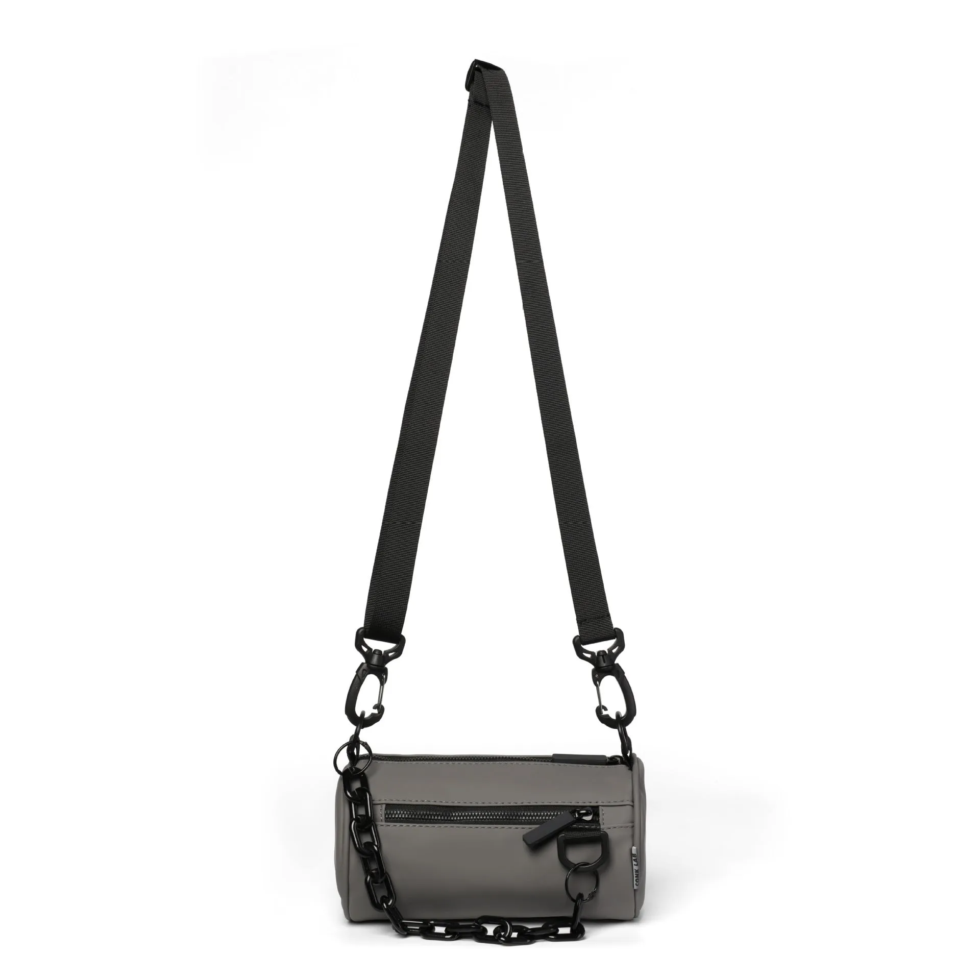 Black waterproof Oxford cloth messenger bag with a chain detail, shown as a crossbody bag.