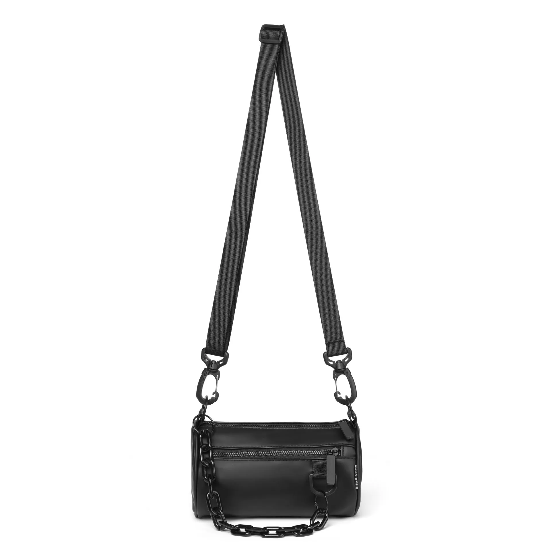 Black waterproof Oxford cloth messenger bag with a chain detail, shown as a crossbody bag.