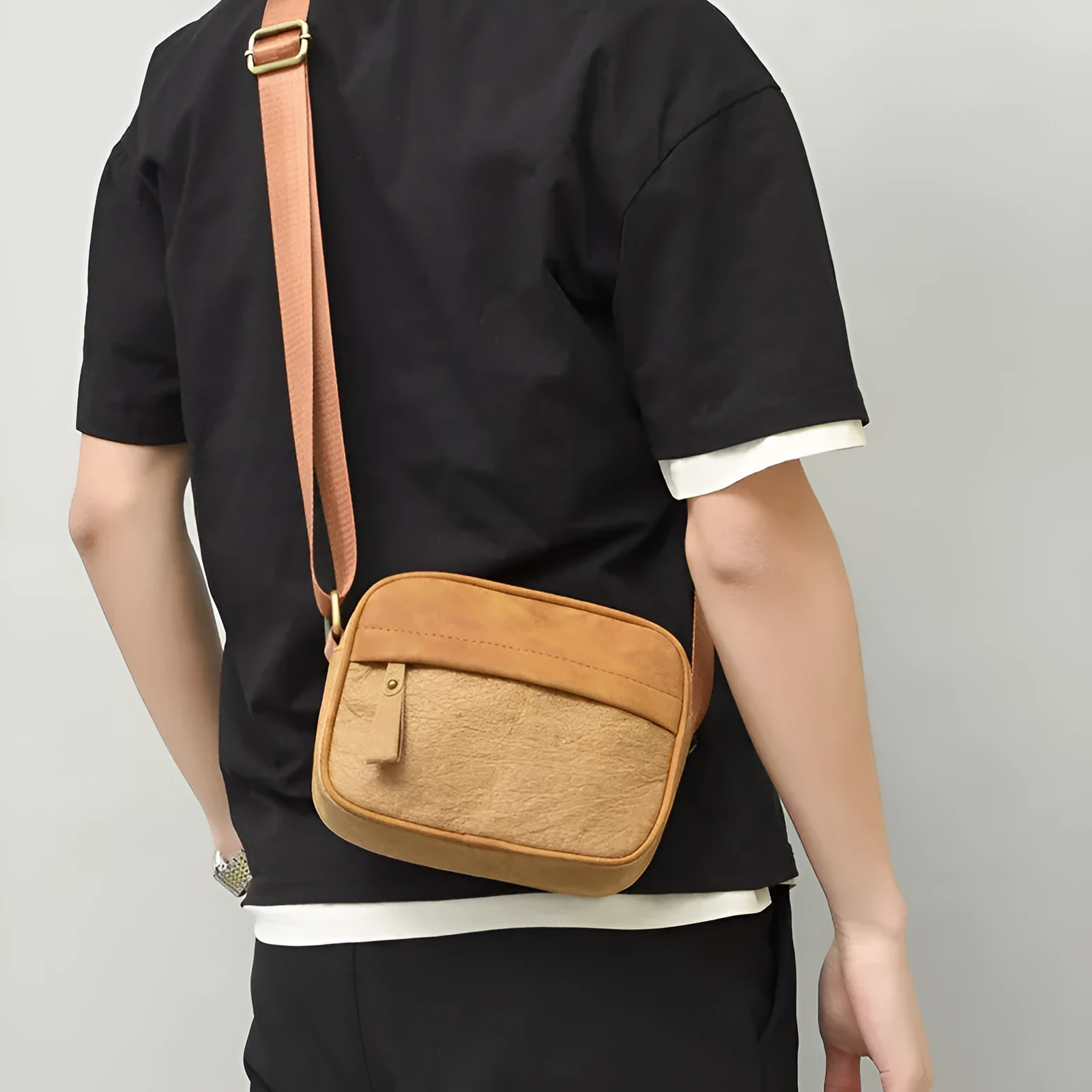 Men's paper crossbody bag with retro styling in black, brown, or silver colour options