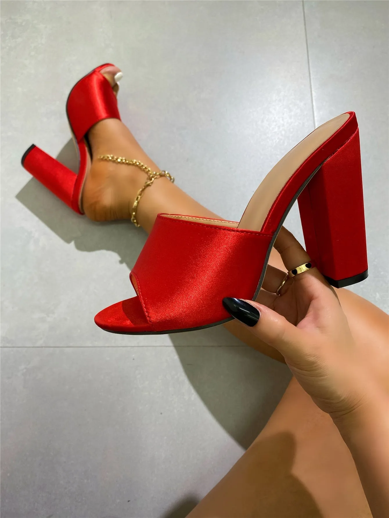 Women's black satin high heel sandals with chunky block heel design