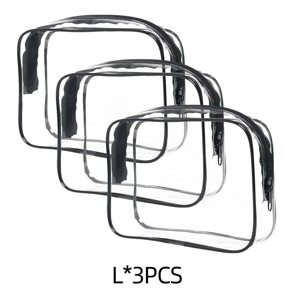 Set of three semi-transparent PVC makeup bags in black, pink, and white colours with handles