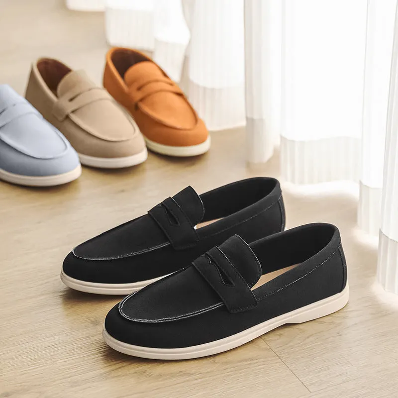 Men's suede leather slip-on casual shoe in a solid colour with a round toe and low flat heel.