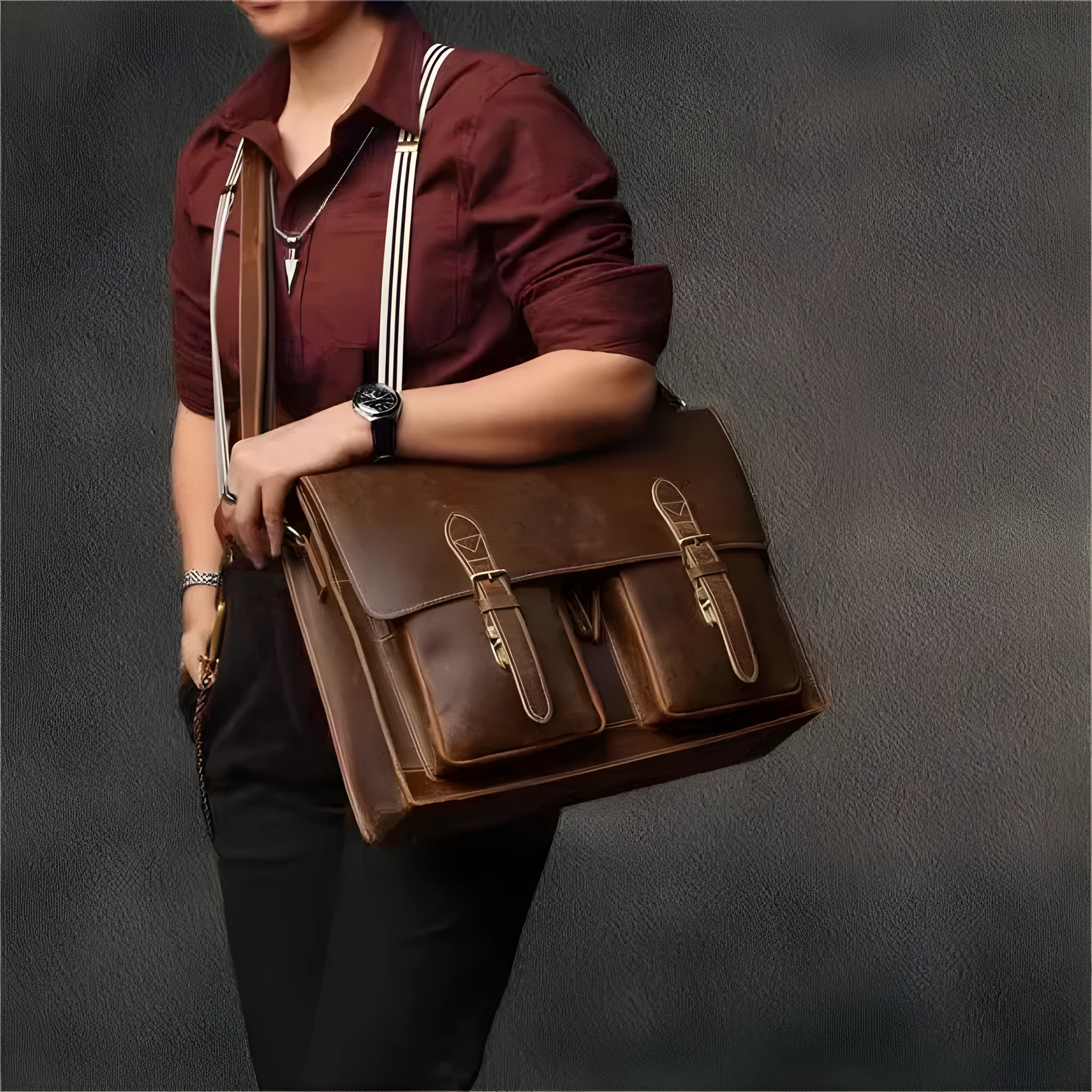 Black coffee coloured cowhide leather computer crossbody bag with sewing line detailing