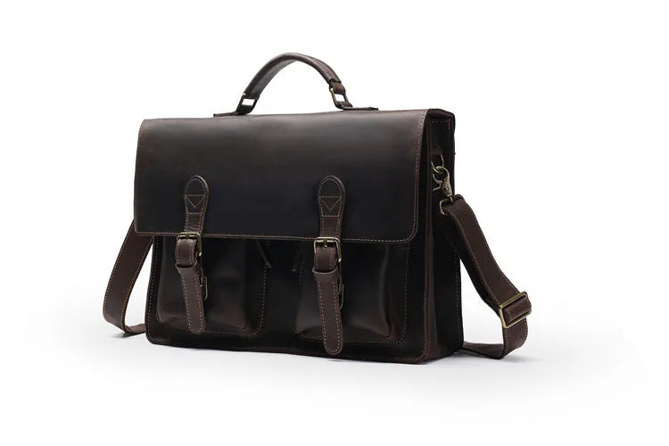Black coffee coloured cowhide leather computer crossbody bag with sewing line detailing