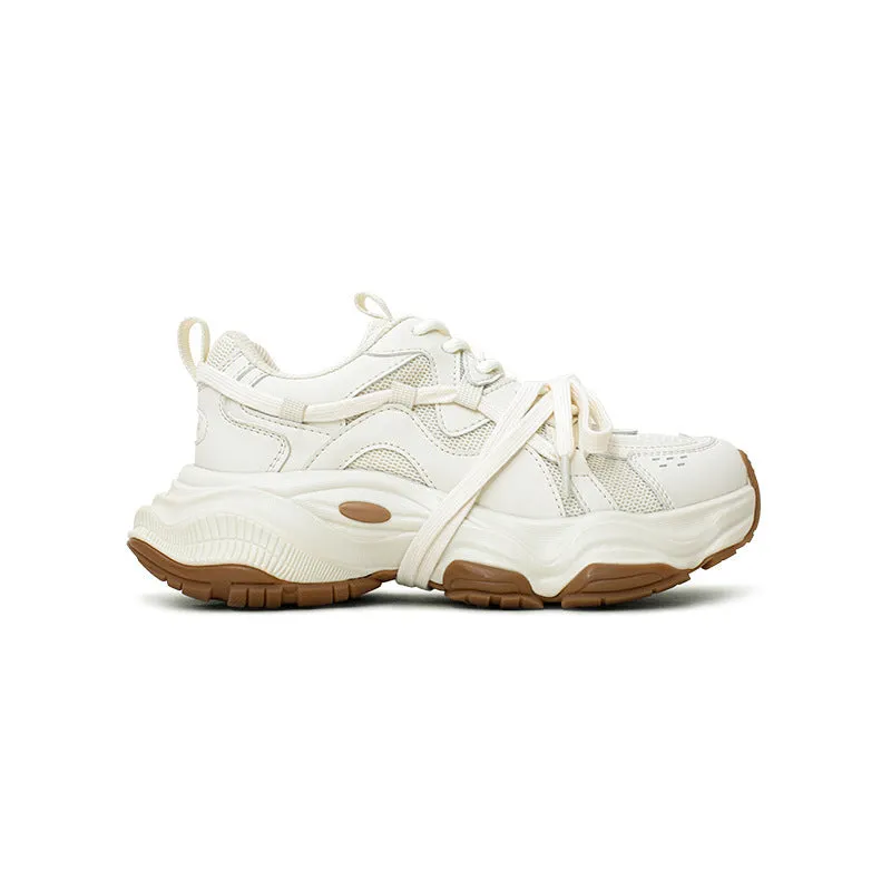 Women's white platform dad sneakers with round toe and lace-up front in Milk White Beige colour