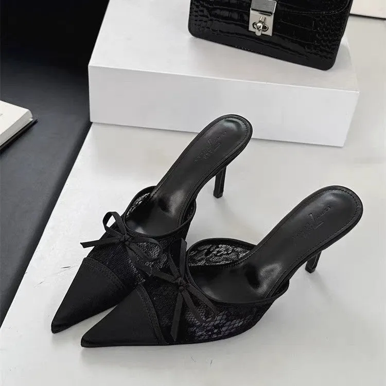 Women's apricot high heels with lace and bowknot detail on a pointed toe.