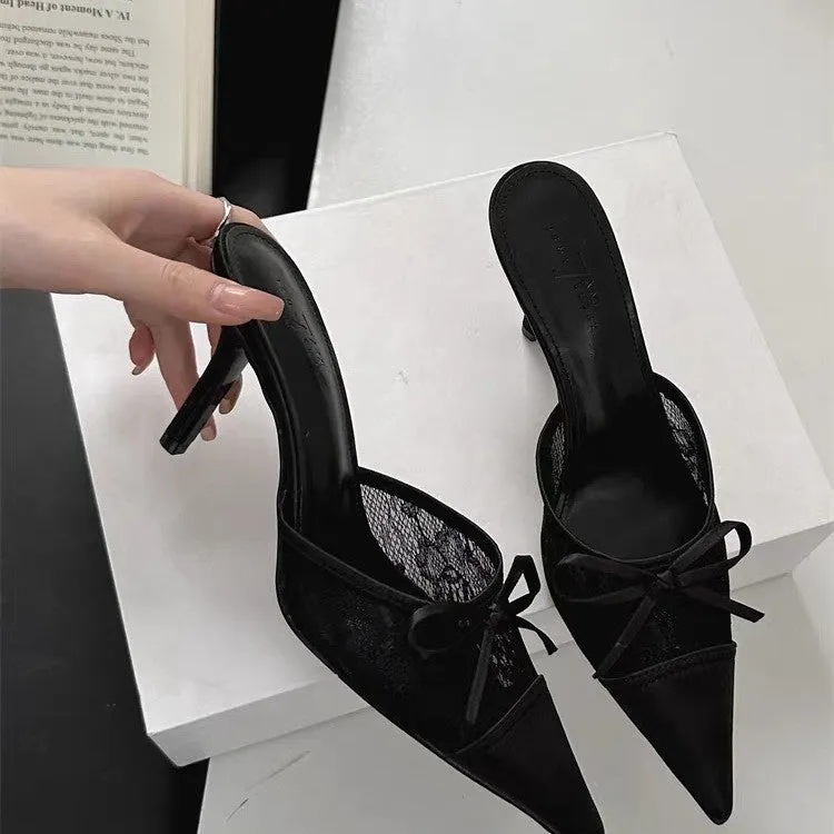 Women's apricot high heels with lace and bowknot detail on a pointed toe.