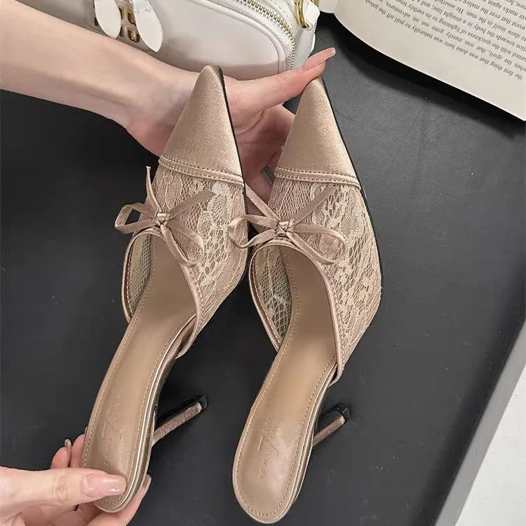 Women's apricot high heels with lace and bowknot detail on a pointed toe.
