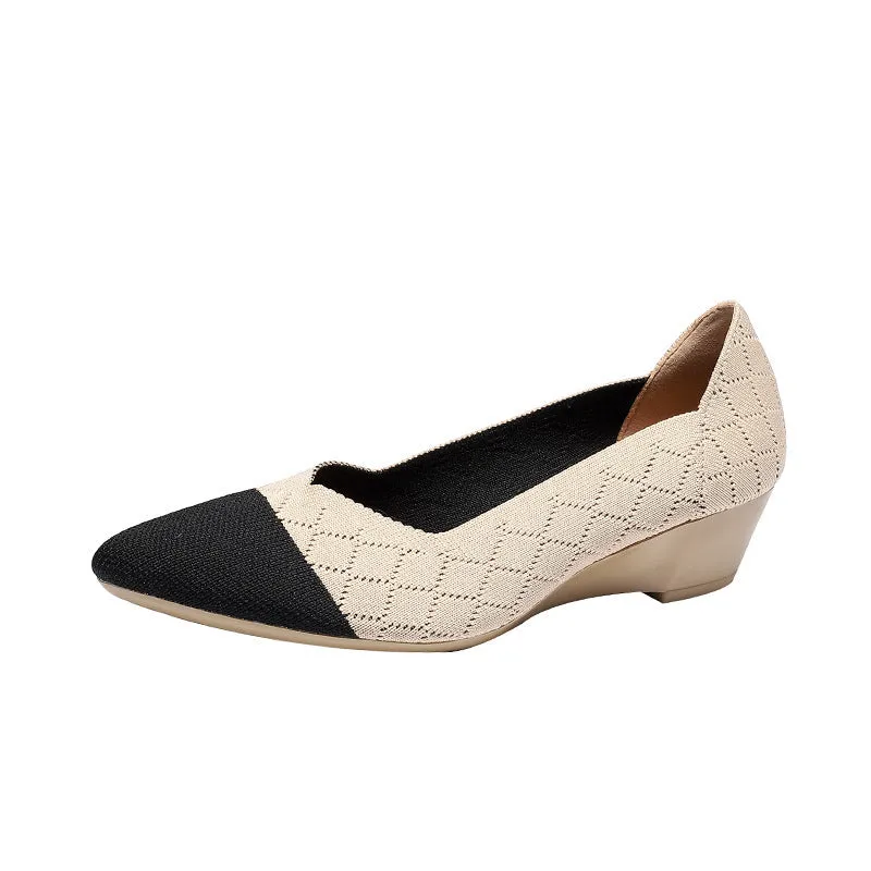 Women's wedge knit casual shoes in mid heel height with flyknit-style upper