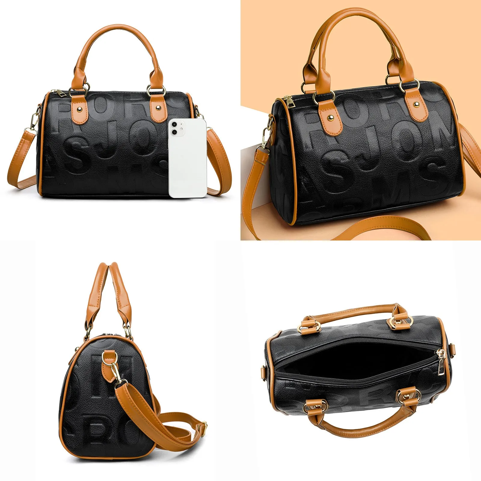 Brown cylindrical crossbody bag with leather-like texture and three shoulder straps
