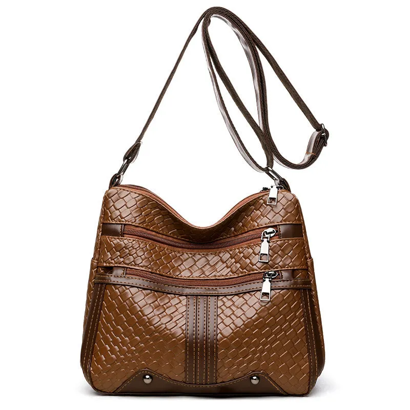 Woven PU leather messenger bag with horizontal square design and multiple compartments