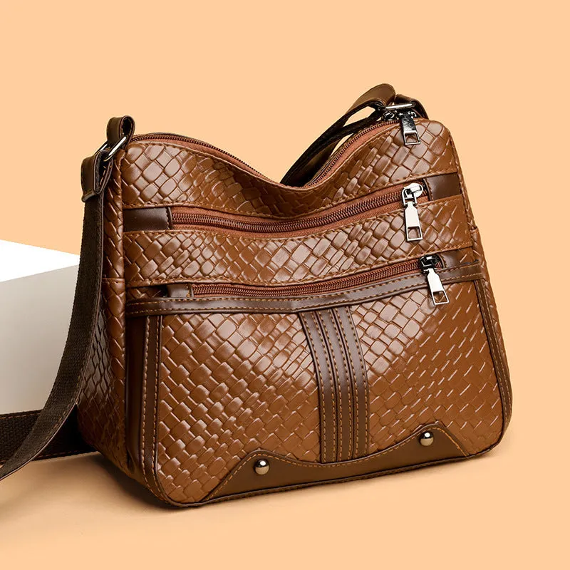 Woven PU leather messenger bag with horizontal square design and multiple compartments