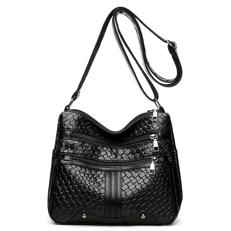 Woven PU leather messenger bag with horizontal square design and multiple compartments