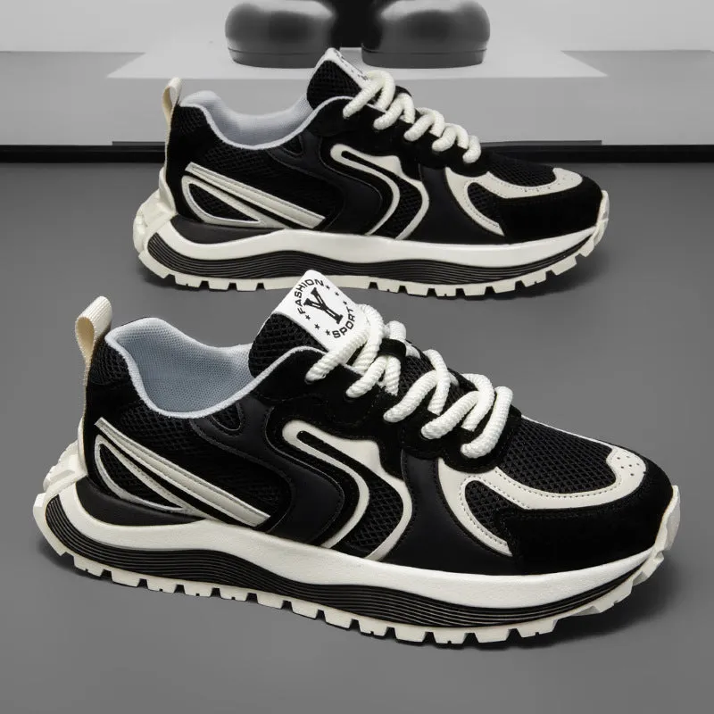 Men's black mesh and synthetic leather lace-up casual sneaker with rubber sole.