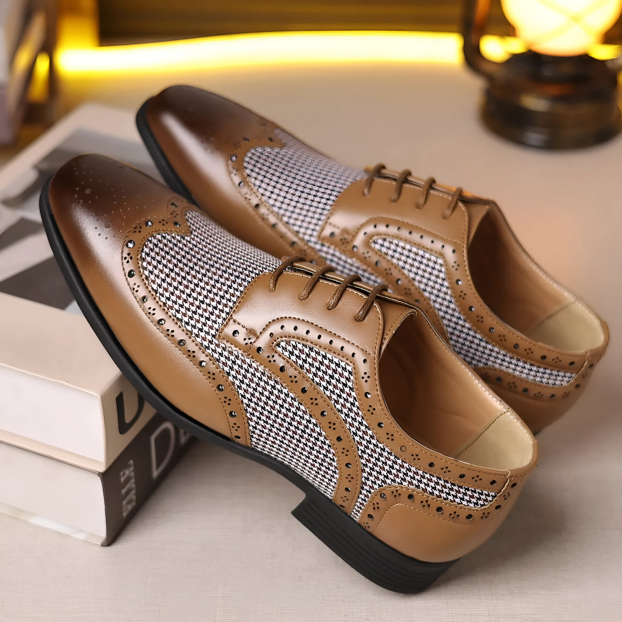 Men's black imitation houndstooth pattern casual shoes with lace-up front and rubber sole.