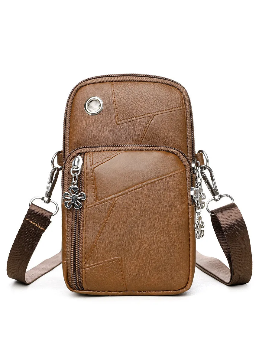 Brown PU leather vertical square mobile phone bag with crossbody strap and sandwich pocket.